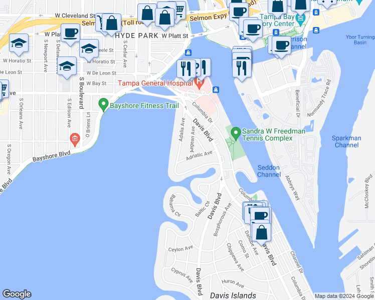 map of restaurants, bars, coffee shops, grocery stores, and more near 54 Aegean Avenue in Tampa