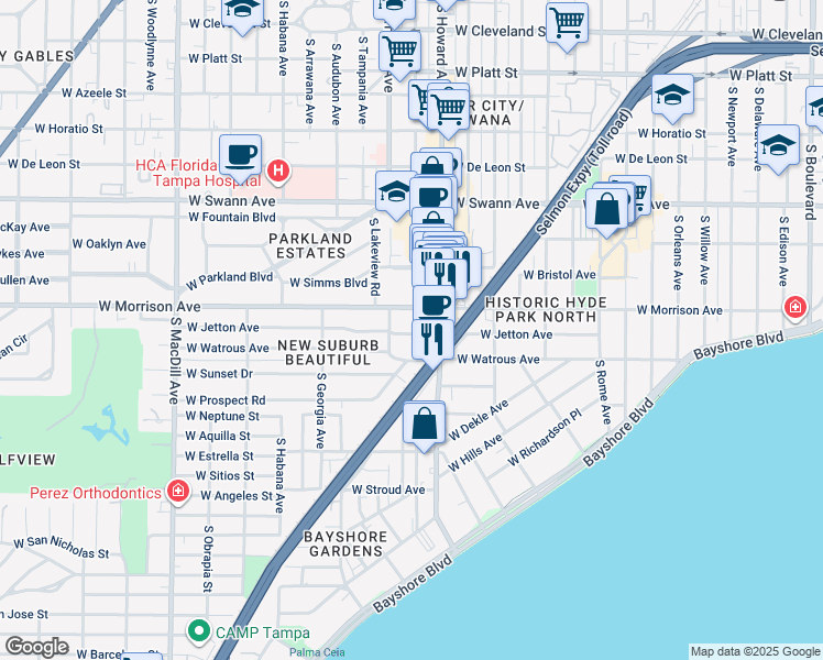 map of restaurants, bars, coffee shops, grocery stores, and more near 1015 South Howard Avenue in Tampa