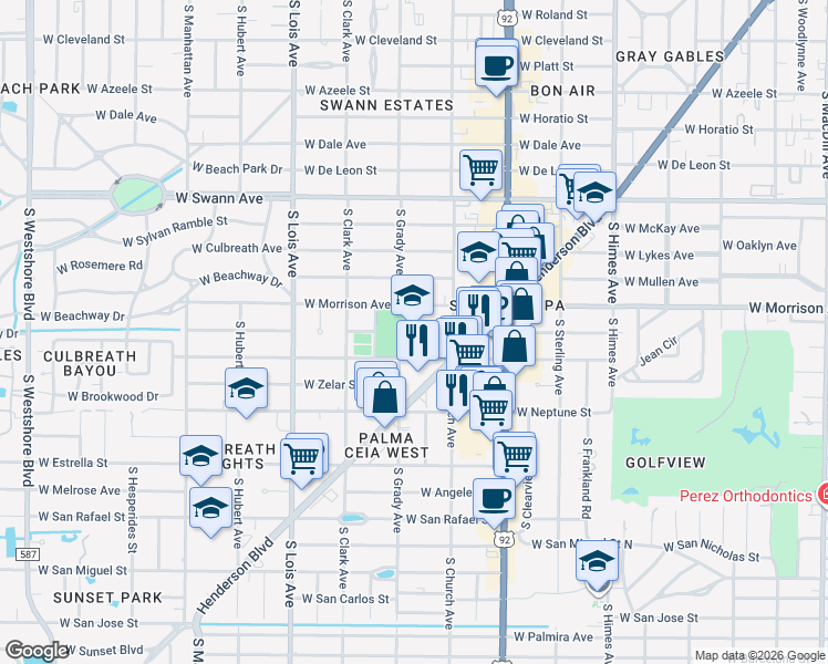 map of restaurants, bars, coffee shops, grocery stores, and more near 3910 West Morrison Avenue in Tampa
