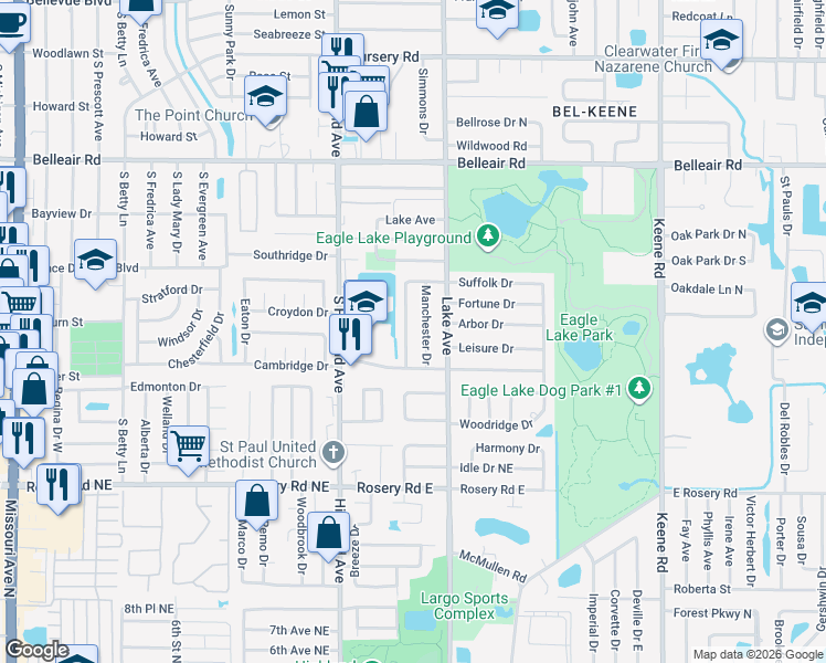 map of restaurants, bars, coffee shops, grocery stores, and more near 1739 Manchester Drive in Clearwater
