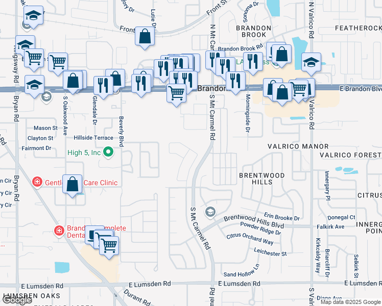 map of restaurants, bars, coffee shops, grocery stores, and more near 501 Tuscanny Park Loop in Brandon