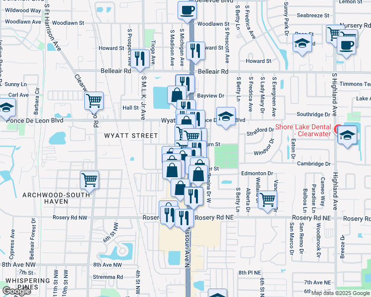 map of restaurants, bars, coffee shops, grocery stores, and more near 1751 South Missouri Avenue in Clearwater