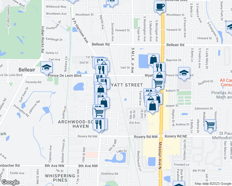 map of restaurants, bars, coffee shops, grocery stores, and more near 733 New Jersey Street in Clearwater