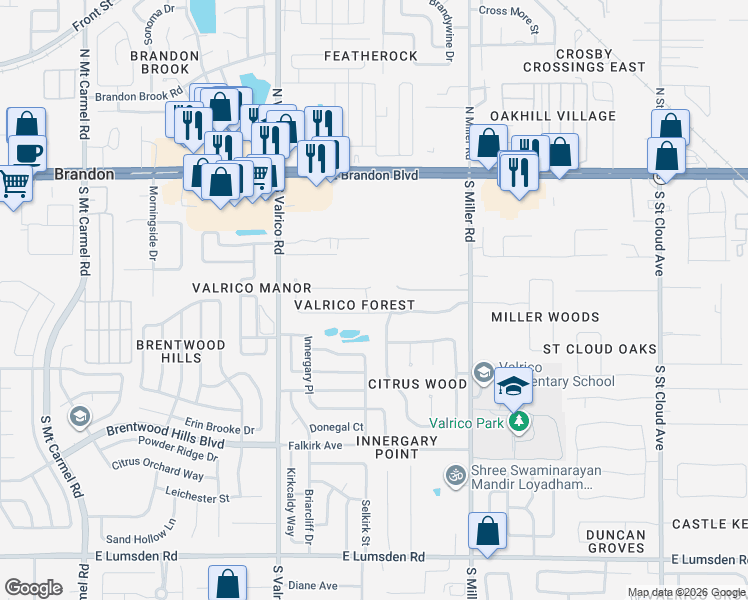 map of restaurants, bars, coffee shops, grocery stores, and more near 406 Citrus Wood Lane in Valrico