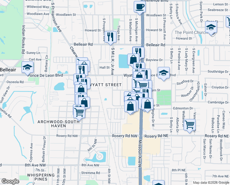 map of restaurants, bars, coffee shops, grocery stores, and more near 1111 Auburn Street in Clearwater