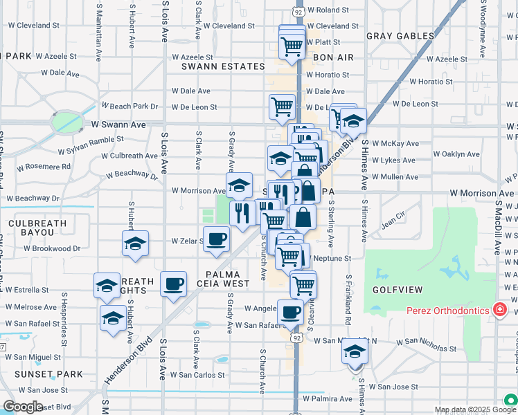 map of restaurants, bars, coffee shops, grocery stores, and more near 3910 West Morrison Avenue in Tampa