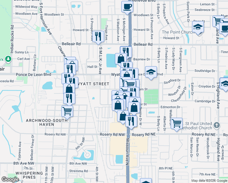 map of restaurants, bars, coffee shops, grocery stores, and more near 1129 Auburn Street in Clearwater