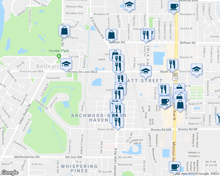 map of restaurants, bars, coffee shops, grocery stores, and more near 516 Hudson Street in Clearwater