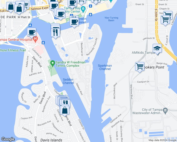 map of restaurants, bars, coffee shops, grocery stores, and more near 1104 Shipwatch Circle in Tampa