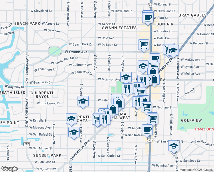 map of restaurants, bars, coffee shops, grocery stores, and more near 1007 South Clark Avenue in Tampa
