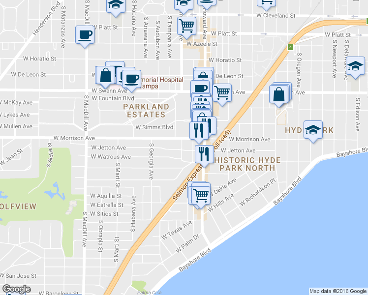map of restaurants, bars, coffee shops, grocery stores, and more near 2417 West Jetton Avenue in Tampa