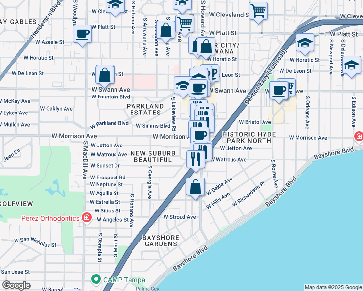 map of restaurants, bars, coffee shops, grocery stores, and more near 2419 West Jetton Avenue in Tampa