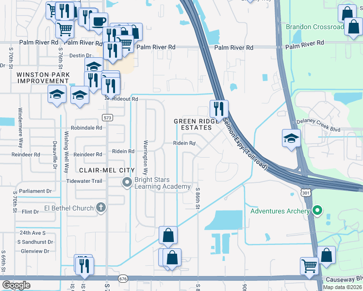 map of restaurants, bars, coffee shops, grocery stores, and more near 8503 Ridein Road in Tampa