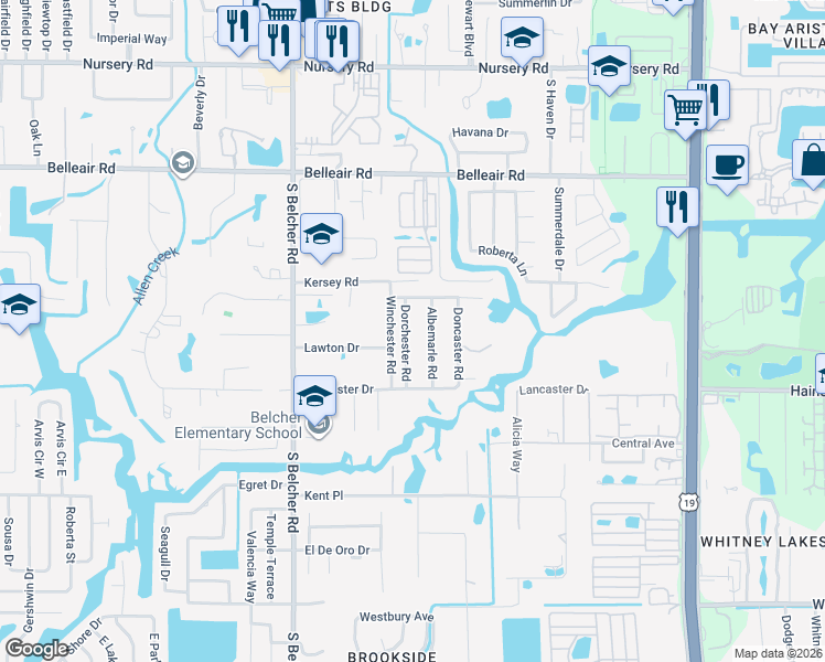 map of restaurants, bars, coffee shops, grocery stores, and more near 1731 Dorchester Road in Clearwater