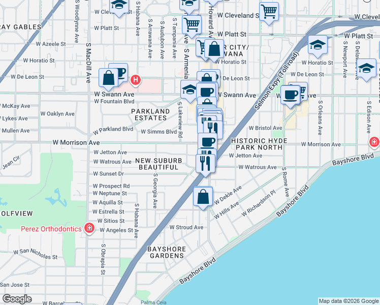map of restaurants, bars, coffee shops, grocery stores, and more near 2417 West Jetton Avenue in Tampa