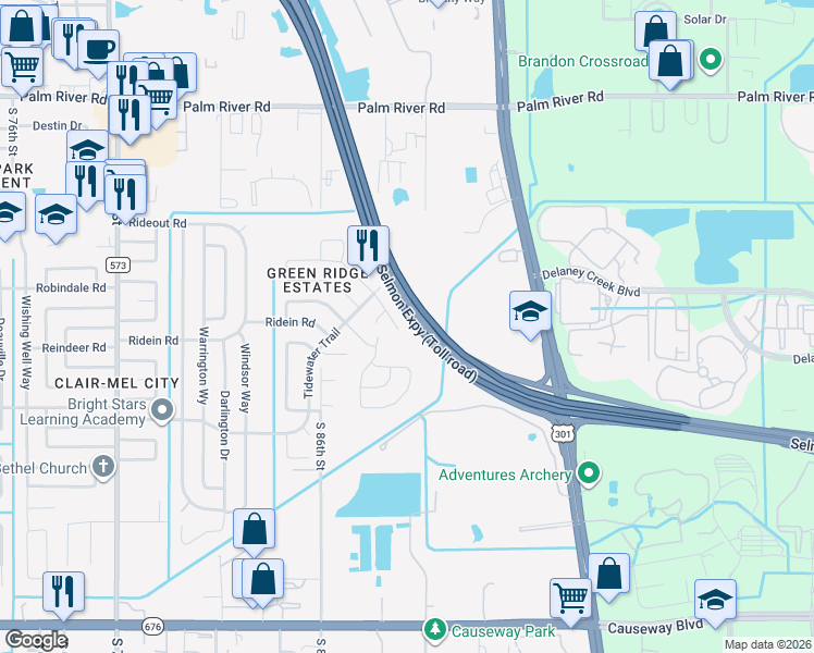 map of restaurants, bars, coffee shops, grocery stores, and more near 8722 Fish Lake Road in Tampa