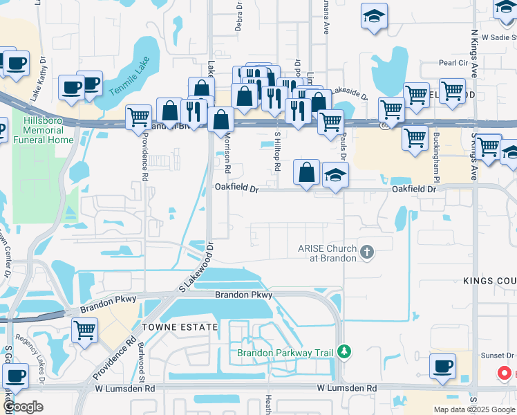 map of restaurants, bars, coffee shops, grocery stores, and more near 1465 Oakfield Drive in Brandon