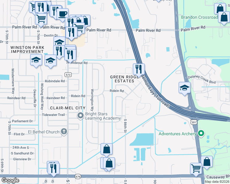 map of restaurants, bars, coffee shops, grocery stores, and more near 8503 Ridein Road in Tampa