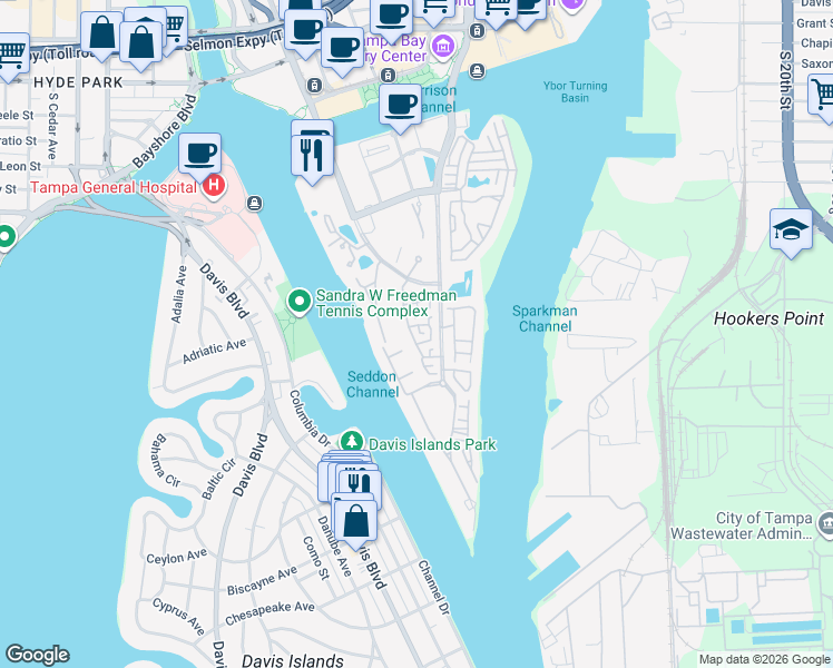 map of restaurants, bars, coffee shops, grocery stores, and more near in Tampa