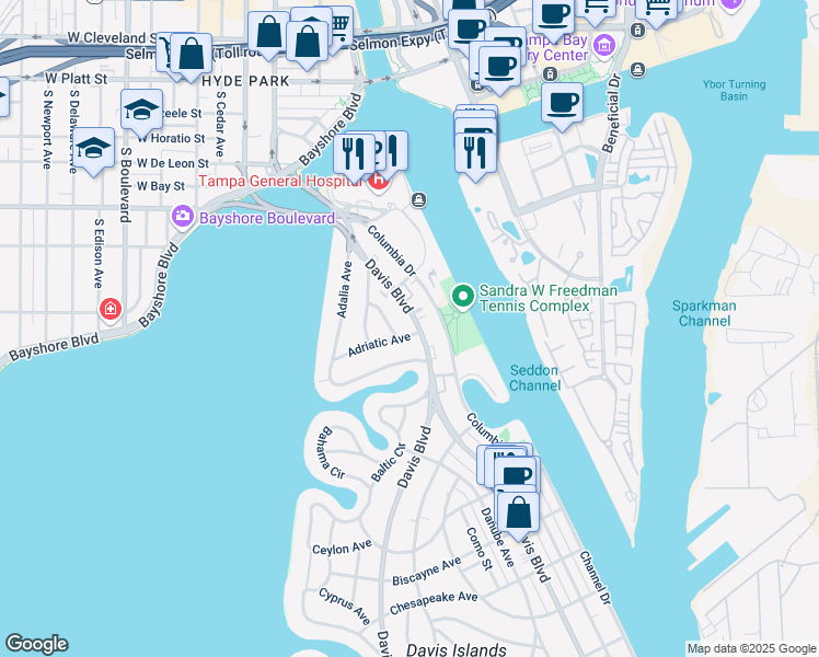 map of restaurants, bars, coffee shops, grocery stores, and more near 59 Albemarle Avenue in Tampa