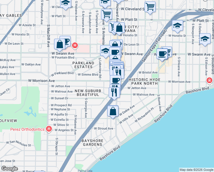 map of restaurants, bars, coffee shops, grocery stores, and more near 2419 West Jetton Avenue in Tampa