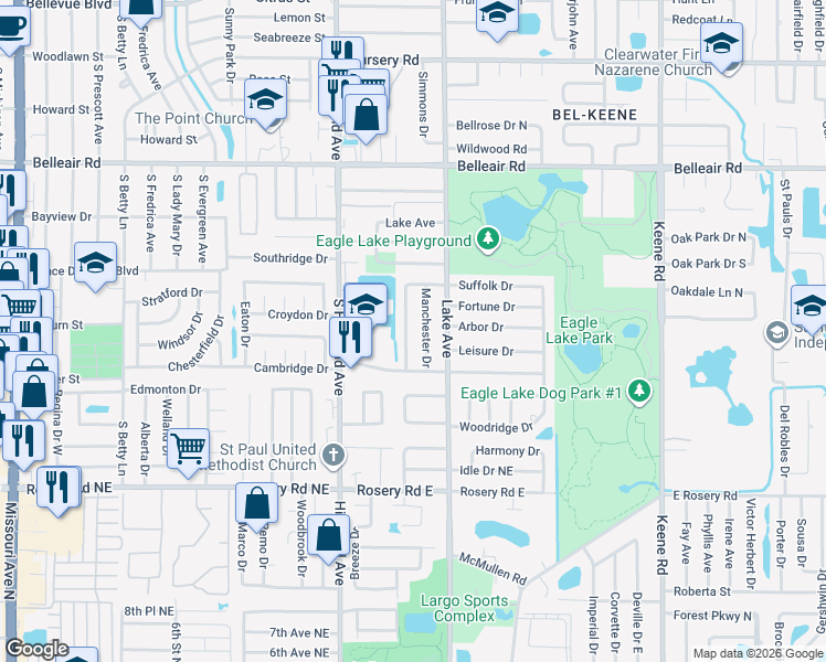map of restaurants, bars, coffee shops, grocery stores, and more near 1739 Manchester Drive in Clearwater
