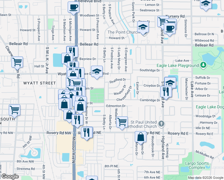 map of restaurants, bars, coffee shops, grocery stores, and more near 1324 Windsor Drive in Clearwater