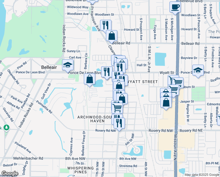 map of restaurants, bars, coffee shops, grocery stores, and more near 516 Hudson Street in Clearwater