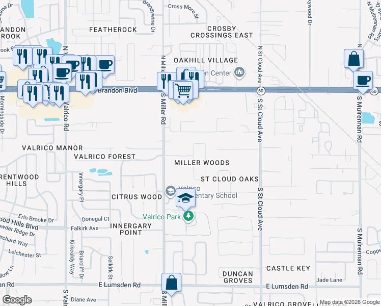 map of restaurants, bars, coffee shops, grocery stores, and more near 2514 Miller Woods Court in Valrico