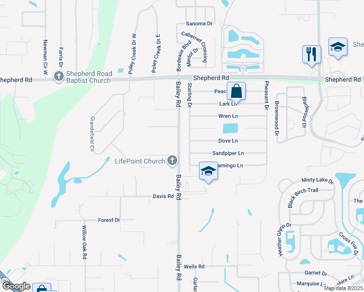 map of restaurants, bars, coffee shops, grocery stores, and more near 5285 Bailey Road in Mulberry