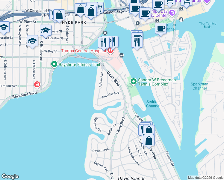 map of restaurants, bars, coffee shops, grocery stores, and more near 52 Albemarle Avenue in Tampa