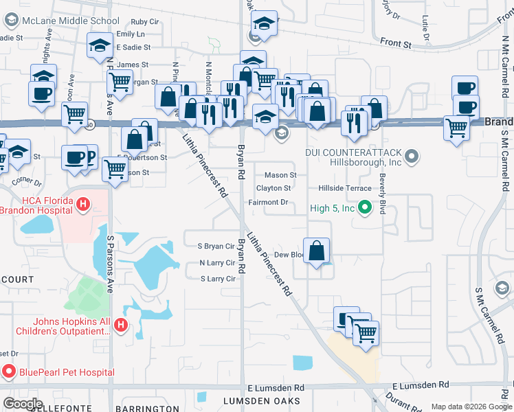 map of restaurants, bars, coffee shops, grocery stores, and more near 609 Fairmont Drive in Brandon