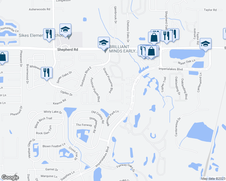 map of restaurants, bars, coffee shops, grocery stores, and more near 3030 Grand Preserve Boulevard in Mulberry