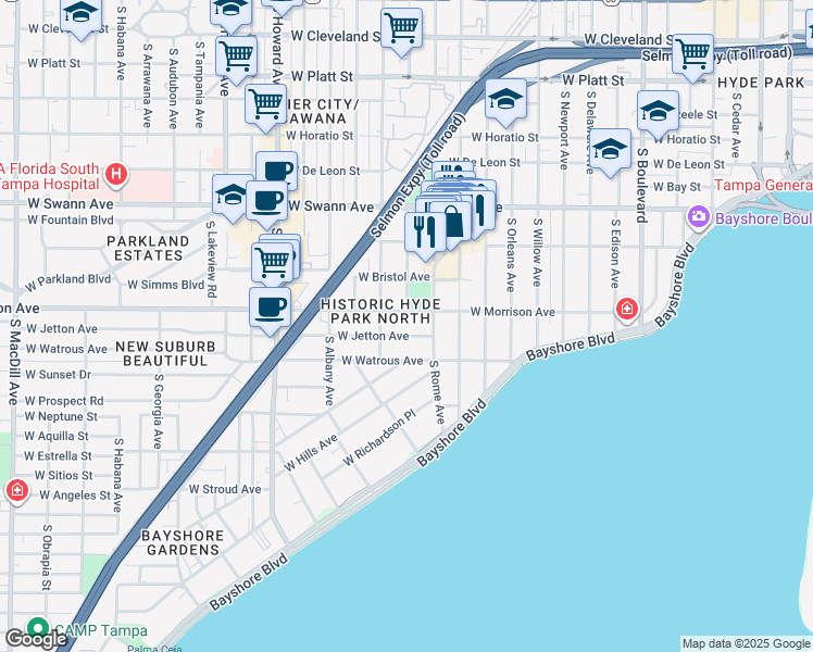 map of restaurants, bars, coffee shops, grocery stores, and more near 1701 West Jetton Avenue in Tampa