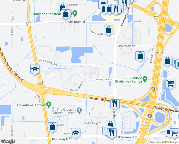 map of restaurants, bars, coffee shops, grocery stores, and more near 1912 Crosstown Club Place in Tampa