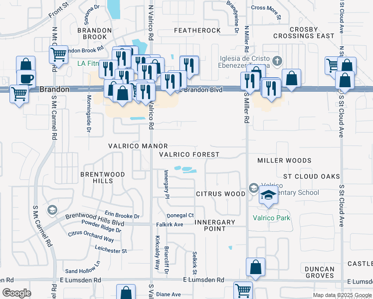 map of restaurants, bars, coffee shops, grocery stores, and more near 2214 Valrico Forest Drive in Valrico