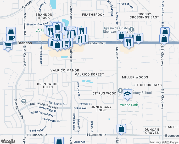 map of restaurants, bars, coffee shops, grocery stores, and more near 2214 Valrico Forest Dr in Valrico