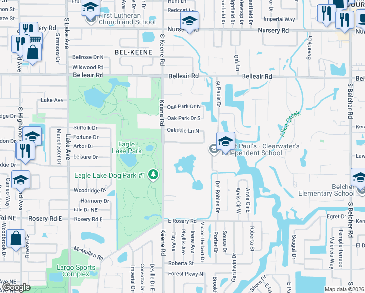 map of restaurants, bars, coffee shops, grocery stores, and more near 1843 Oakdale Lane South in Clearwater