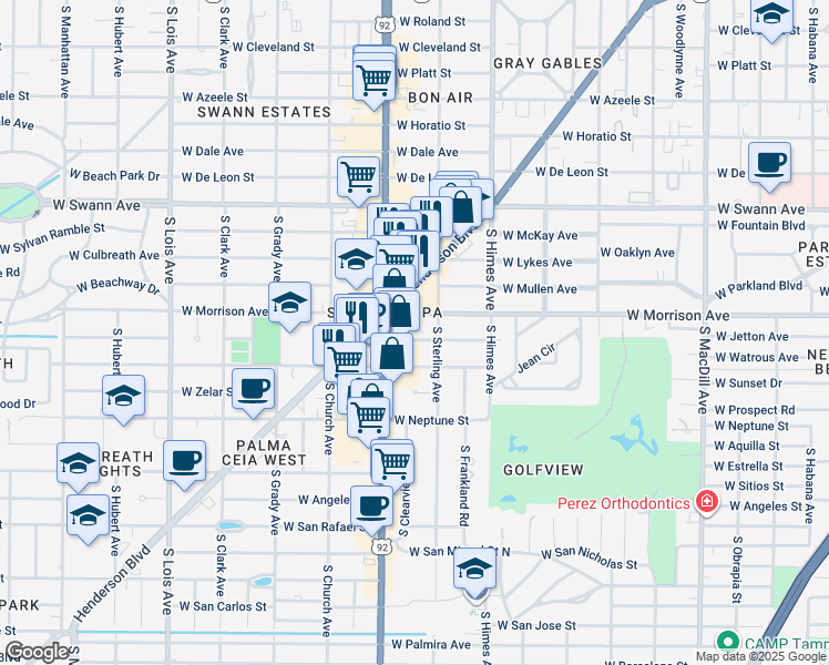 map of restaurants, bars, coffee shops, grocery stores, and more near 3712 West Jetton Avenue in Tampa