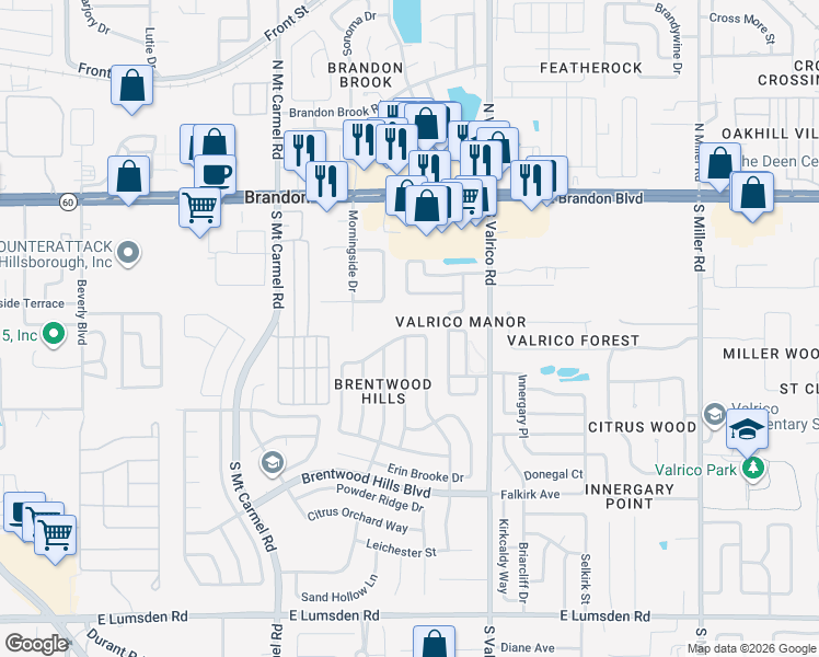 map of restaurants, bars, coffee shops, grocery stores, and more near 616 Sand Ridge Drive in Valrico