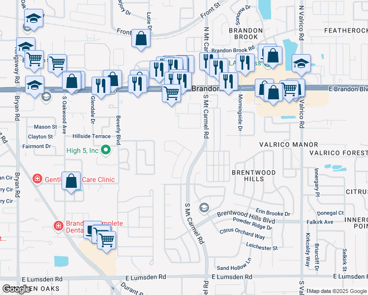 map of restaurants, bars, coffee shops, grocery stores, and more near 501 Tuscanny Park Loop in Brandon