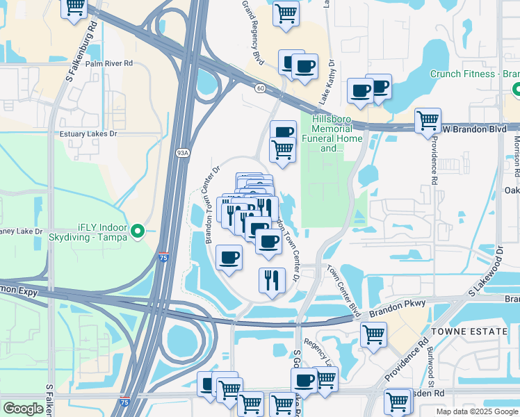 map of restaurants, bars, coffee shops, grocery stores, and more near 416 Brandon Town Center Mall in Brandon