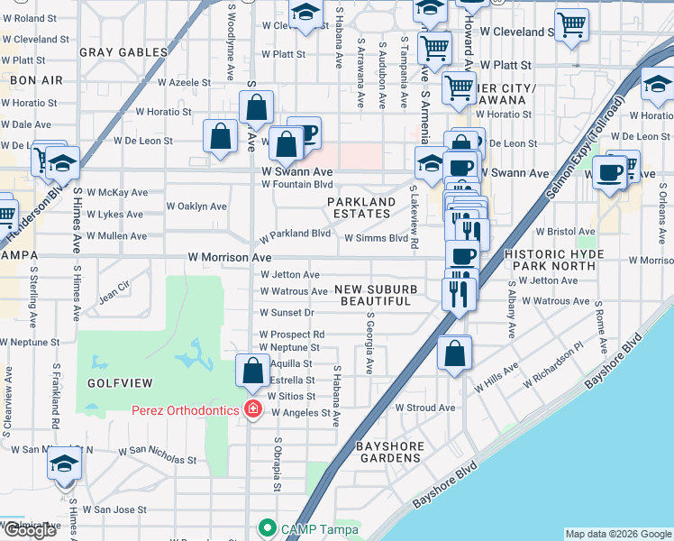 map of restaurants, bars, coffee shops, grocery stores, and more near 2622 West Jetton Avenue in Tampa