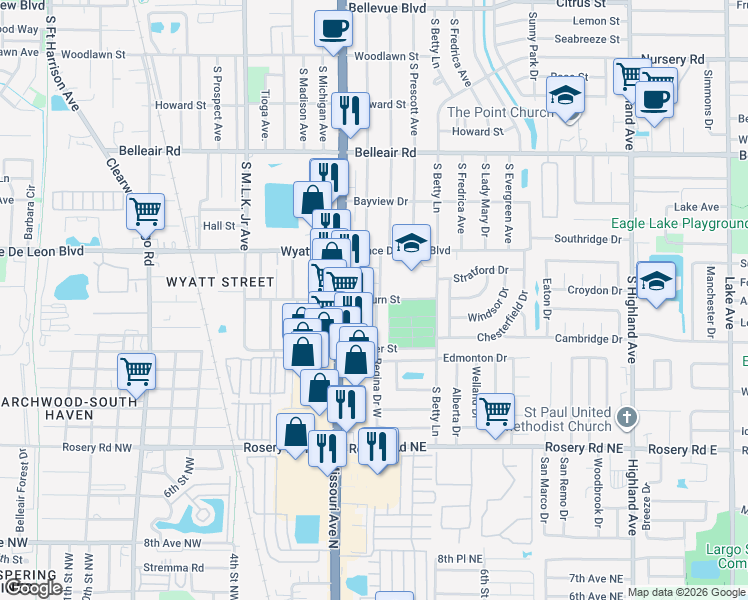 map of restaurants, bars, coffee shops, grocery stores, and more near 91 Auburn Street in Largo