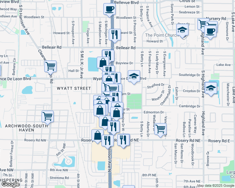 map of restaurants, bars, coffee shops, grocery stores, and more near 91 Auburn Street in Largo