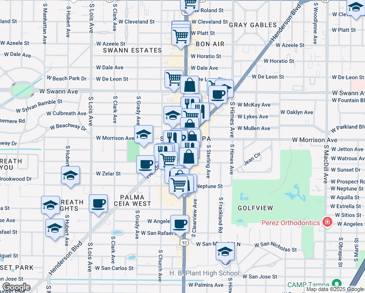 map of restaurants, bars, coffee shops, grocery stores, and more near 1001 South Dale Mabry Highway in Tampa