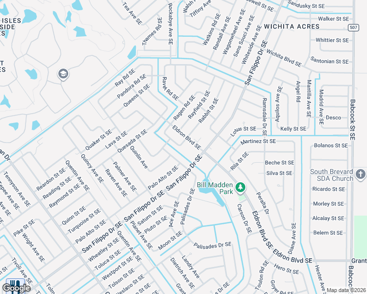 map of restaurants, bars, coffee shops, grocery stores, and more near 1134 Rabbit Street Southeast in Palm Bay