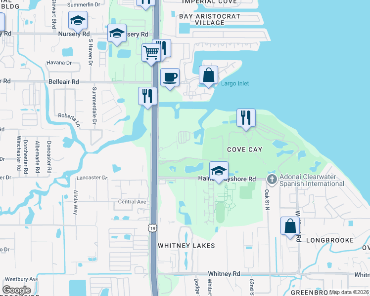 map of restaurants, bars, coffee shops, grocery stores, and more near 1100 Cove Cay Drive in Clearwater