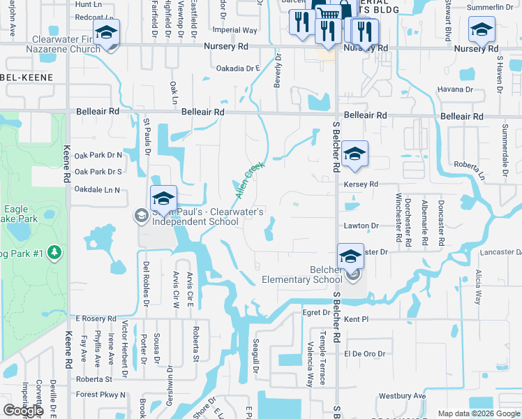 map of restaurants, bars, coffee shops, grocery stores, and more near 1737 Long Bow Lane in Clearwater