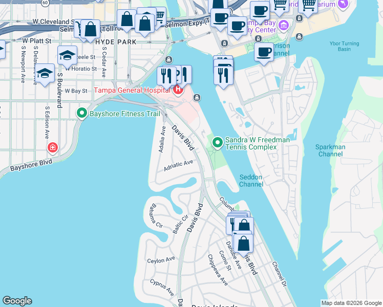map of restaurants, bars, coffee shops, grocery stores, and more near 59 Albemarle Avenue in Tampa